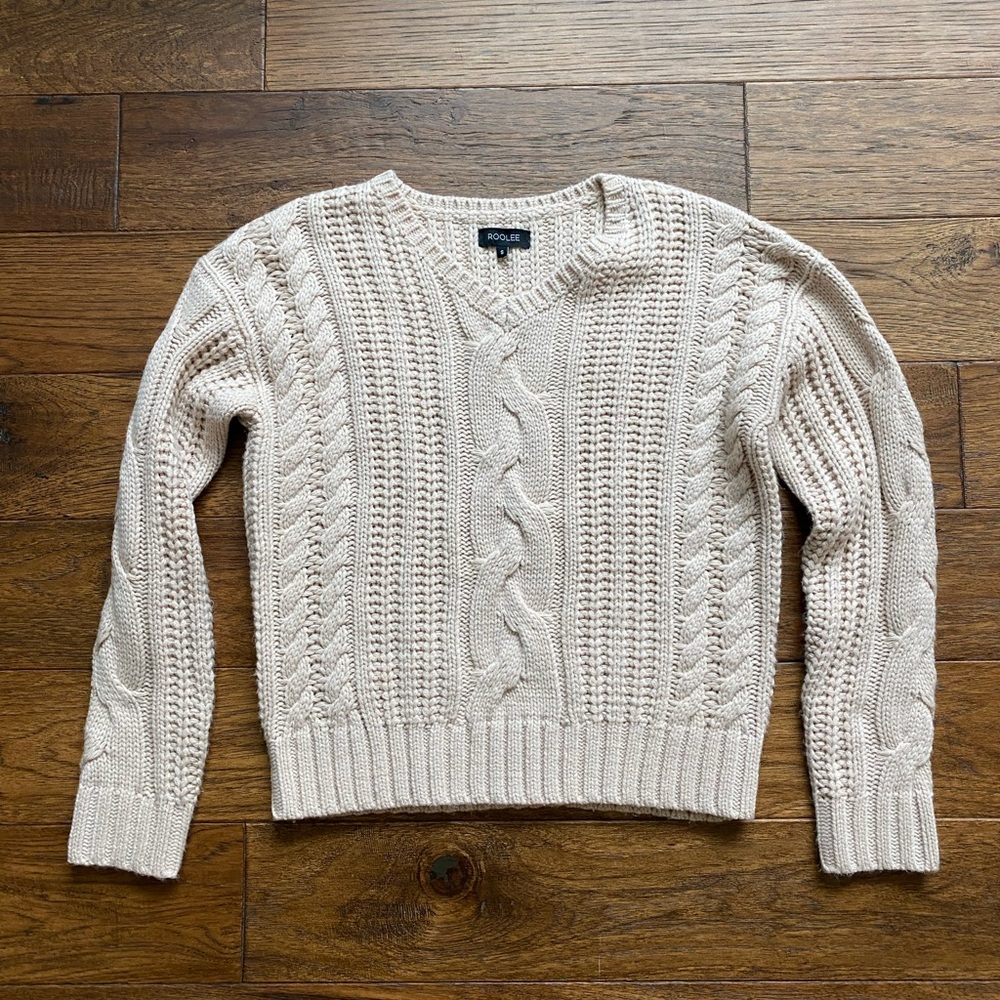 roolee blush pink cable knit sweater